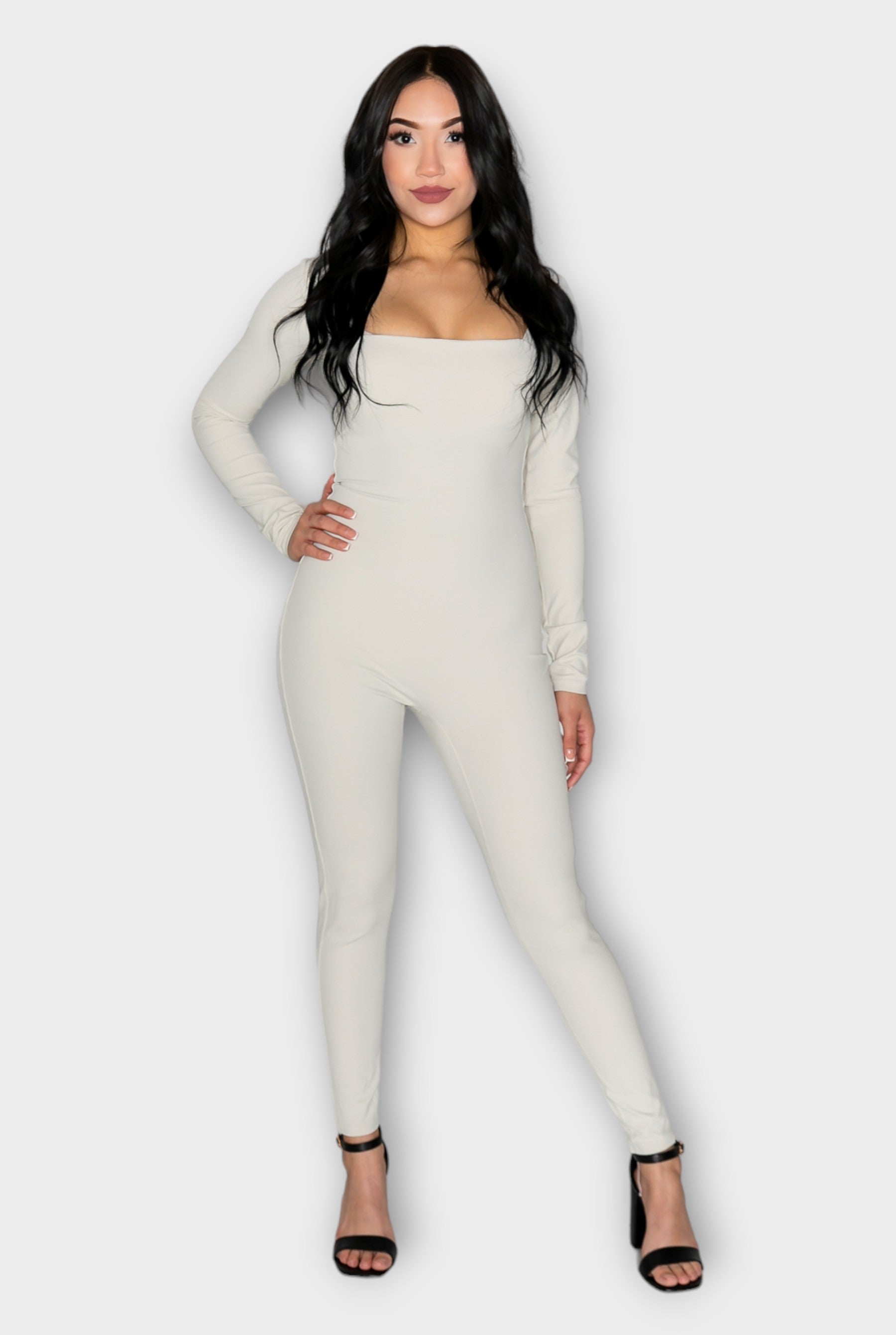Beige Day To Night Square Neck Long Sleeve Bodysuit set For Women - ceiavonandfine